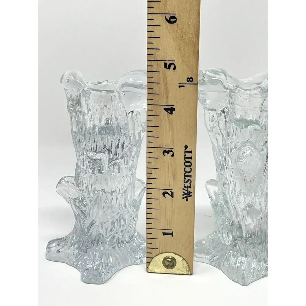 Swedish Art Glass Tree Stump Candle Sticks Holders Clear MCM Vintage 5